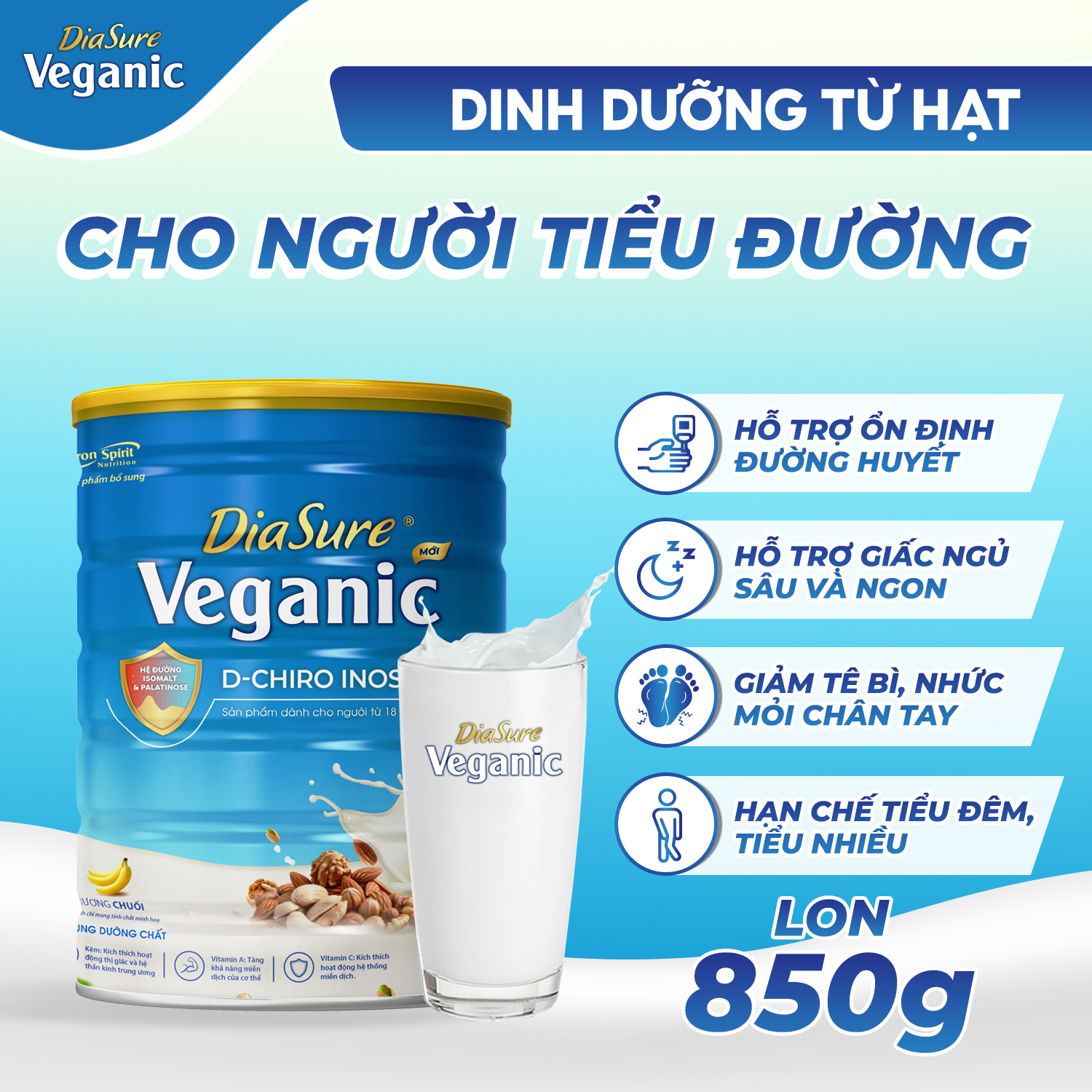 Sữa Hạt Tiểu Đường DiaSure Veganic (850g)- Cung cấp dinh dưỡng toàn diện cho người bị tiểu đường người có nguy cơ bị tiểu đường