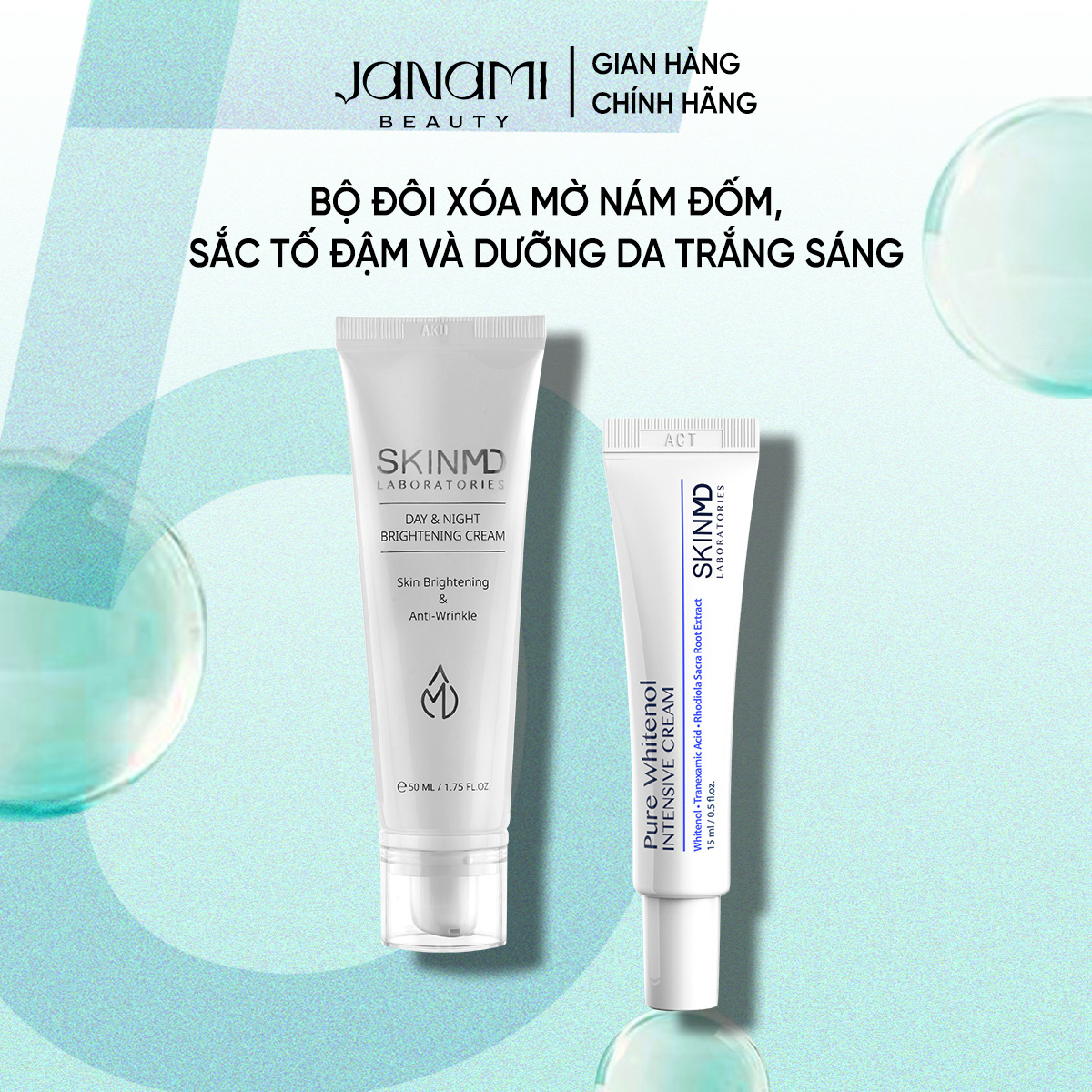 Bộ đôi xóa mờ nám đốm ngăn ngừa sắc tố đậm melanin và dưỡng da sáng đều màu Skinmd Pure Whitenol Int