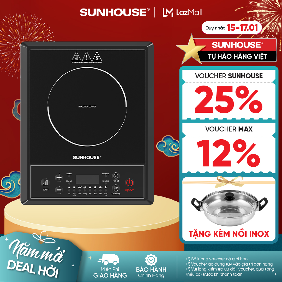 [NEW - TẶNG NỒI INOX CÓ SẴN] Bếp từ đơn Sunhouse SHD6154 - Công suất 2000W - 8 chế độ nấu - 10 mức n