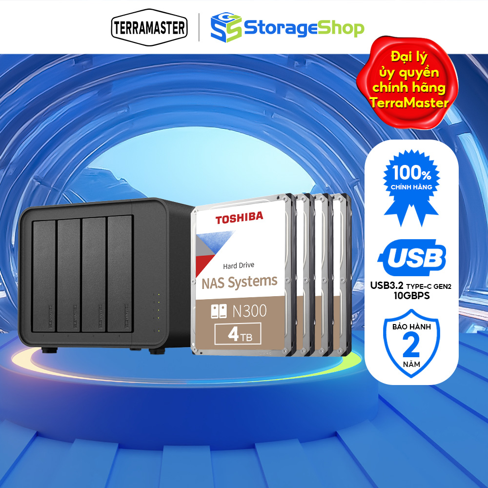 Combo bộ Thiết bị lưu trữ DAS TerraMaster D4-320 4-bay kèm ổ cứng Toshiba NAS N300 24/7 Chính hãng