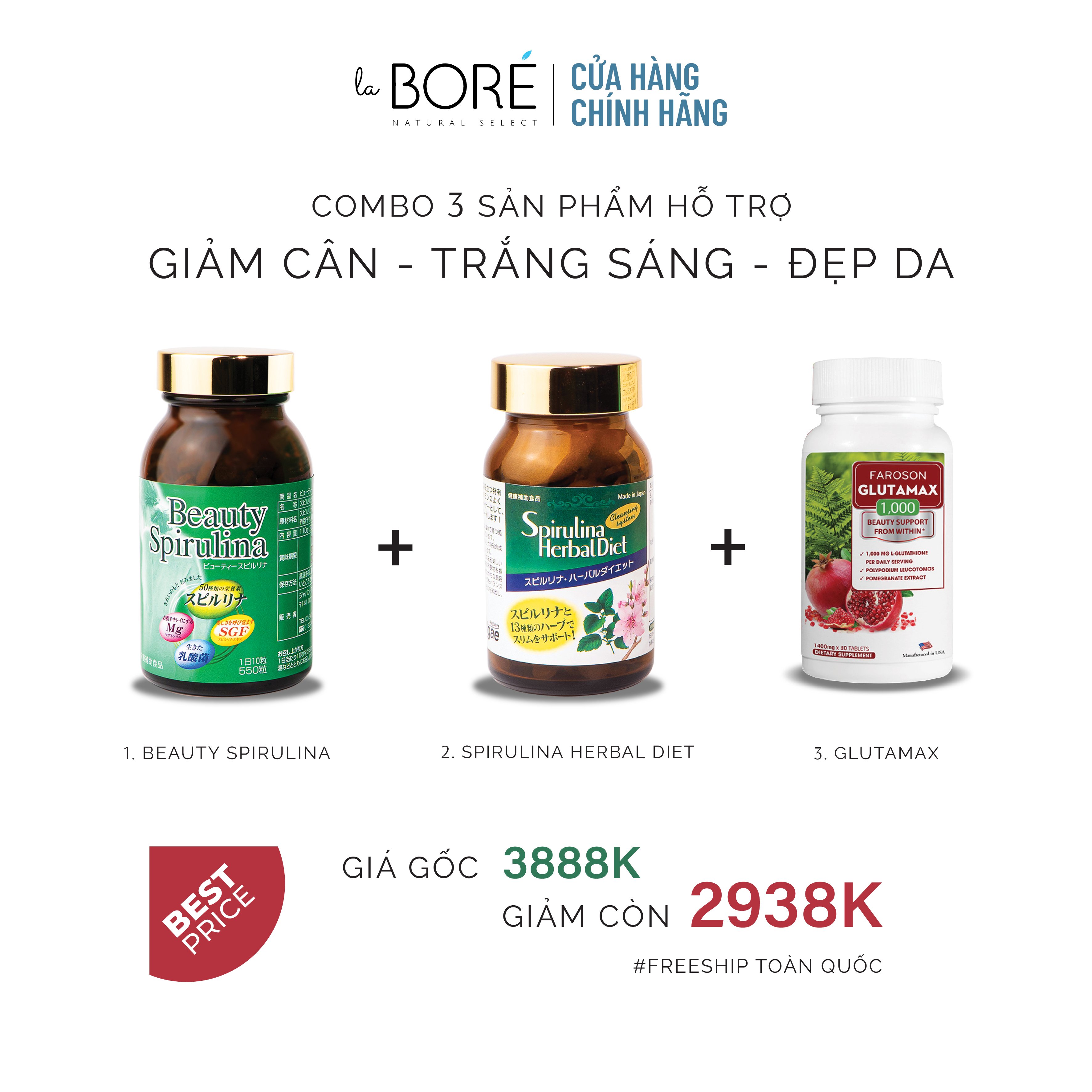 Combo [Bộ 3 Da Sáng - Dáng Khoẻ] 1 Tảo Beauty Spirulina + 1 Tảo Spirulina Herbal Diet + 1 Glutamax 1000