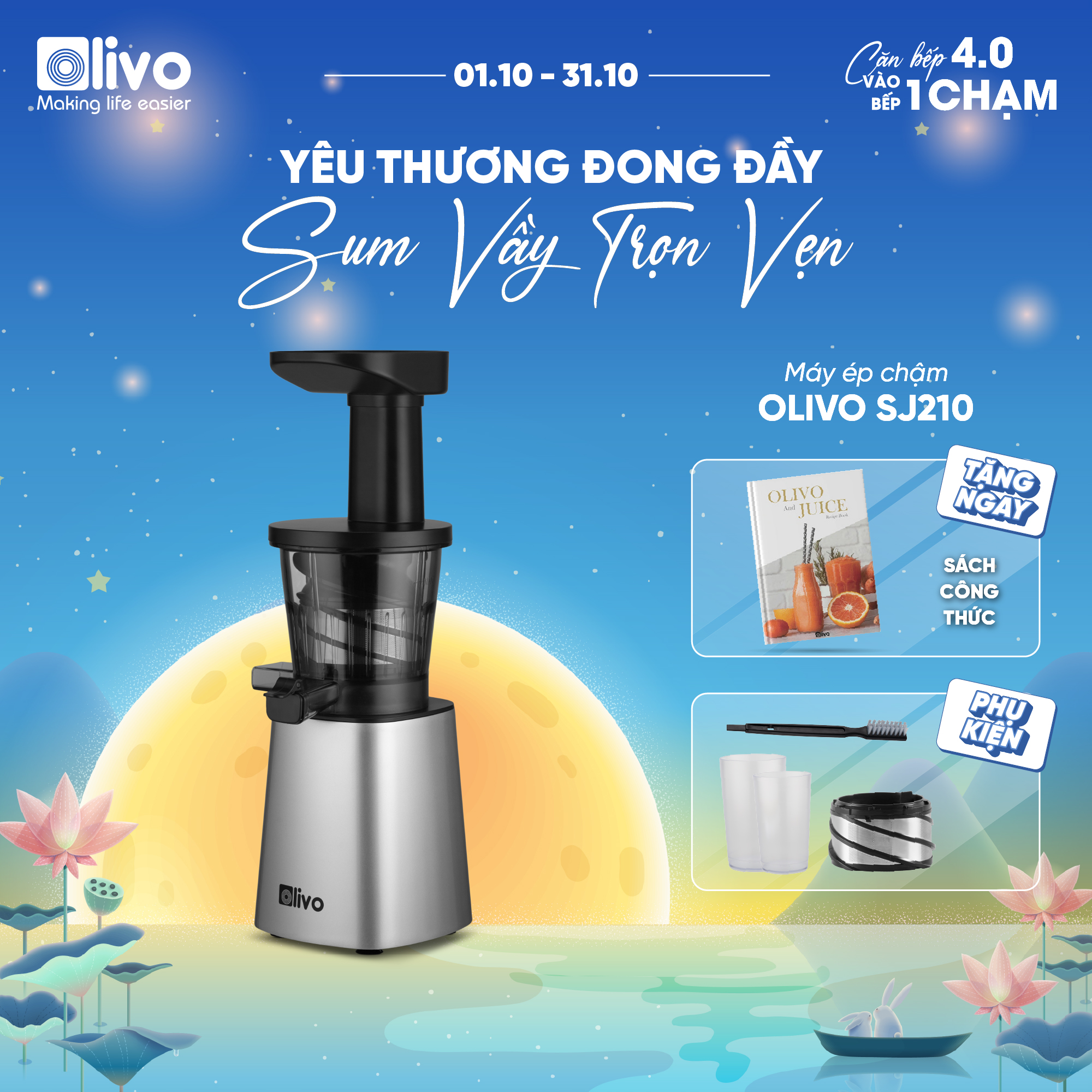 Máy Ép Chậm Olivo SJ210, 500ml, Bạc, Ép Kiệt Bã Trái Cây Rau Củ, Thiết Kế Nhỏ Gọn