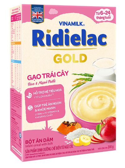 [MẪU MỚI] BỘT ĂN DẶM RIDIELAC GOLD GẠO TRÁI CÂY - HỘP GIẤY 200G.