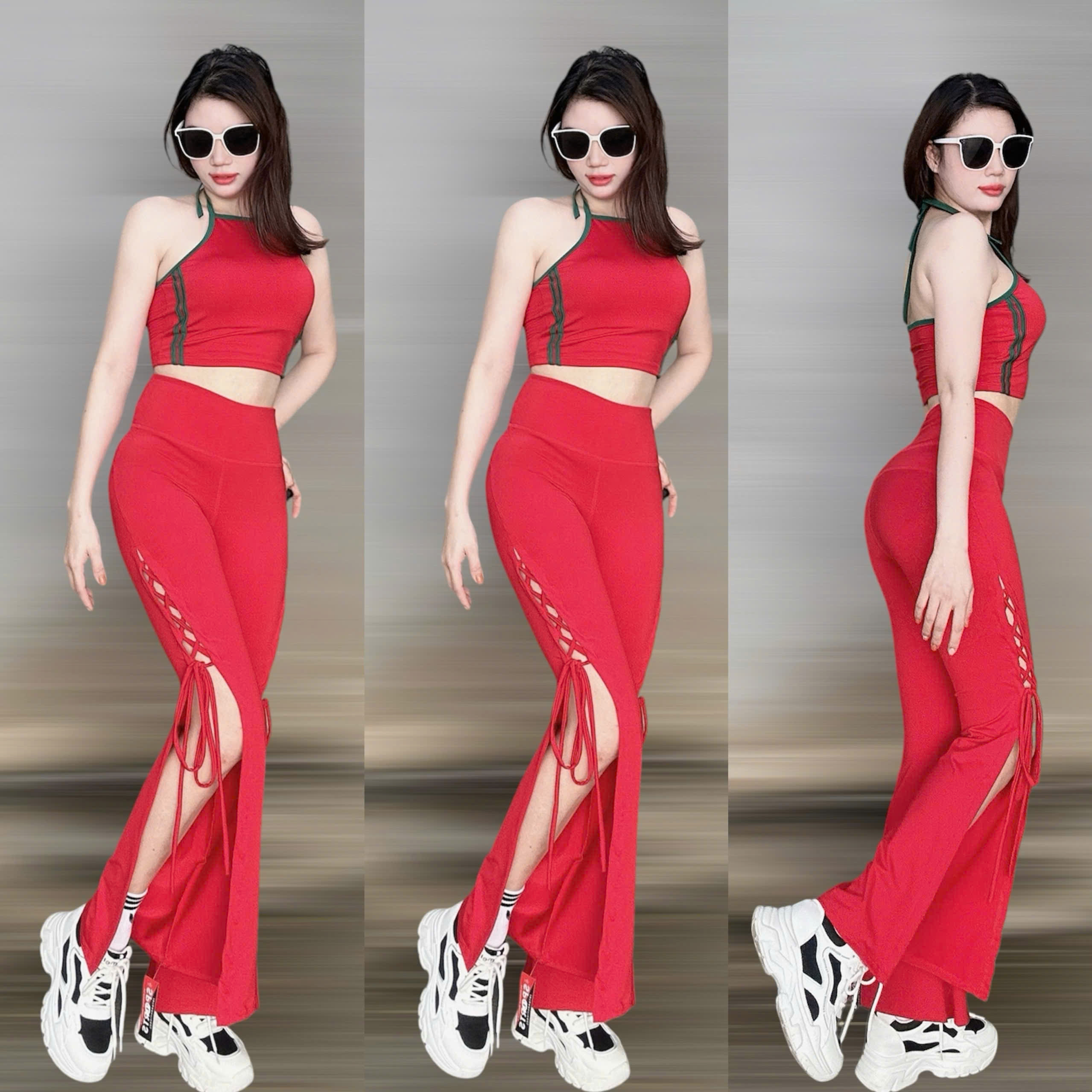 Bộ Đồ Thể Thao Nữ Mẫu noel Quần Loe xẻ Tà Đan Dây Áo Bra Yếm Tập Gym Yoga Múa Cao Cấp