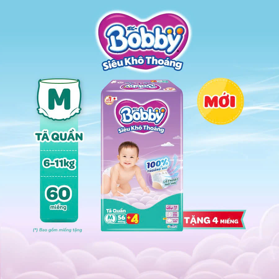 [12-14.08 QUÀ TO]Tã quần Bobby Siêu Khô Thoáng - 100% Thoáng Khí Jumbo M56+4 miếng