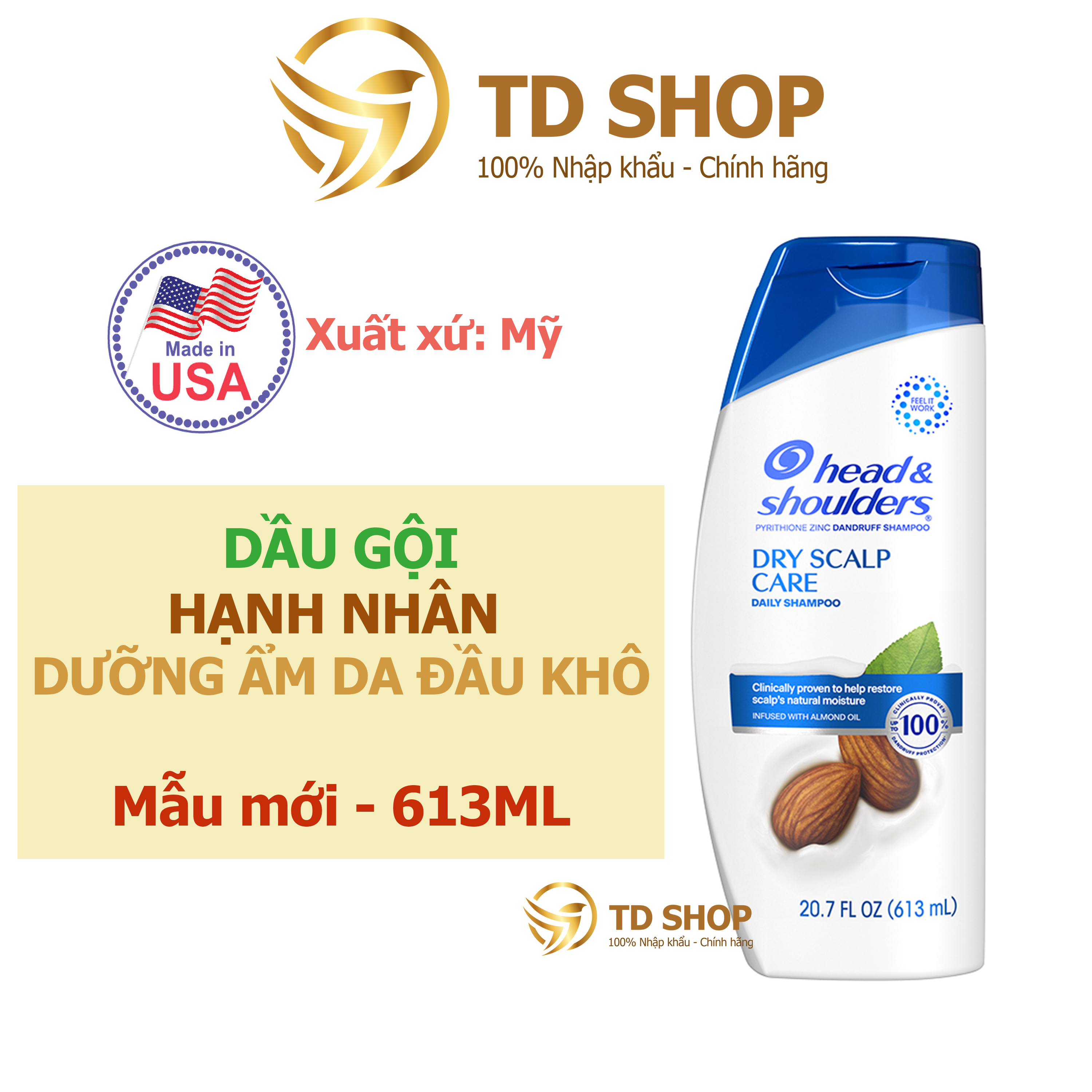 [NK Mỹ] Dầu gội Head&Shoulders nhập Mỹ 613ml Classic clean I Hạnh nhân - TD Shop