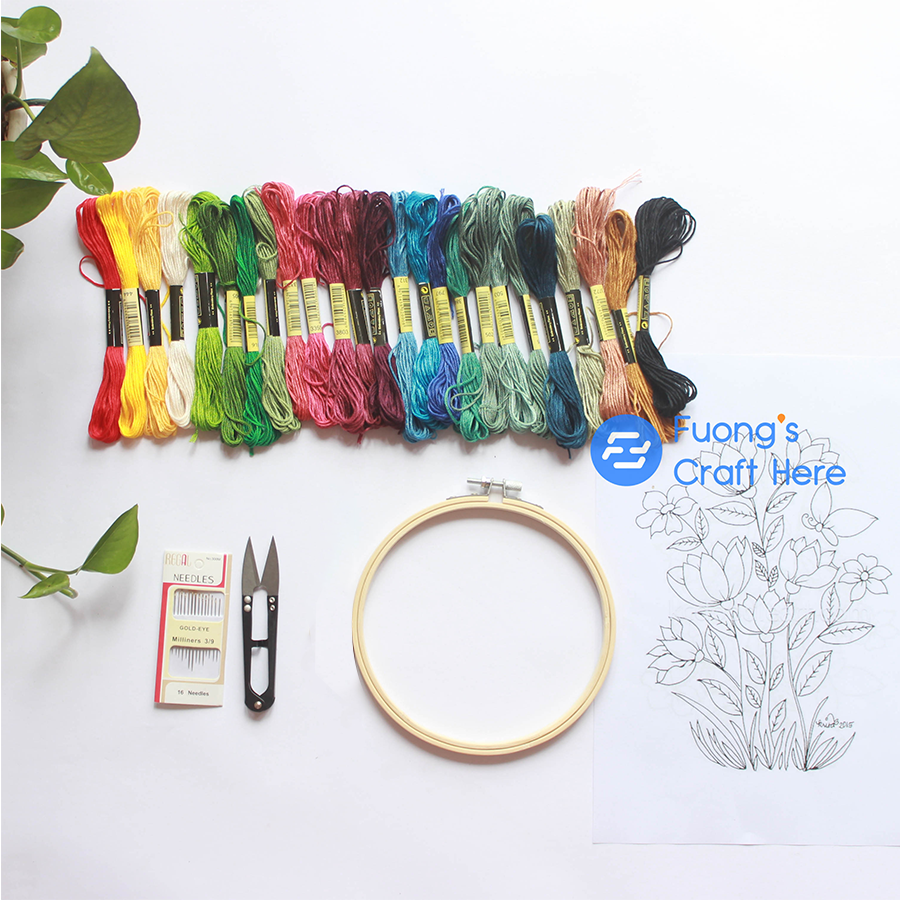 Set combo tập thêu tay thêu truyền thống đầy đủ dụng cụ cơ bản cho người mới bắt đầu