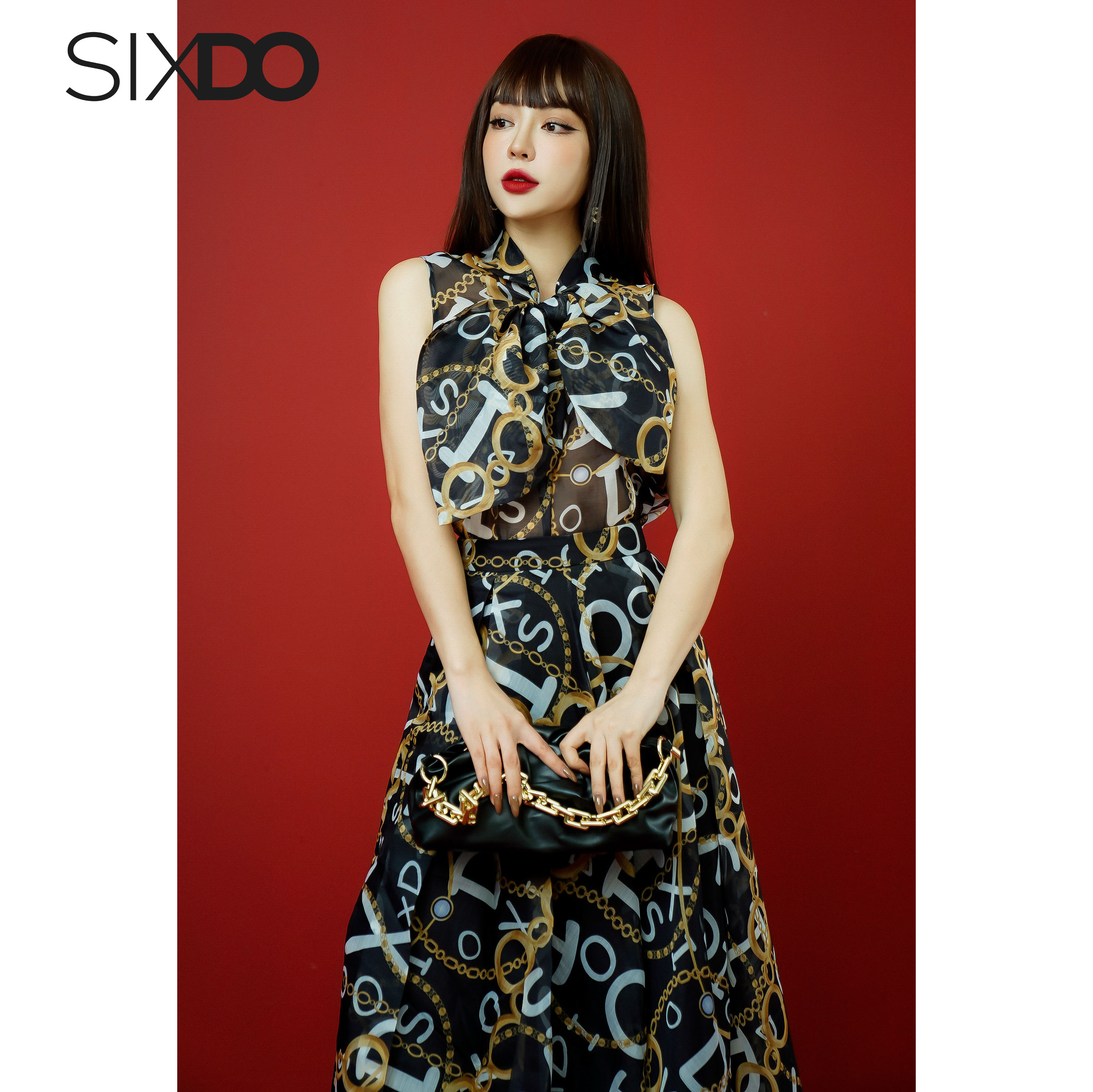 Áo sơ mi tơ phối nơ cổ SIXDO (Black Baroque Print Bowtie Top)