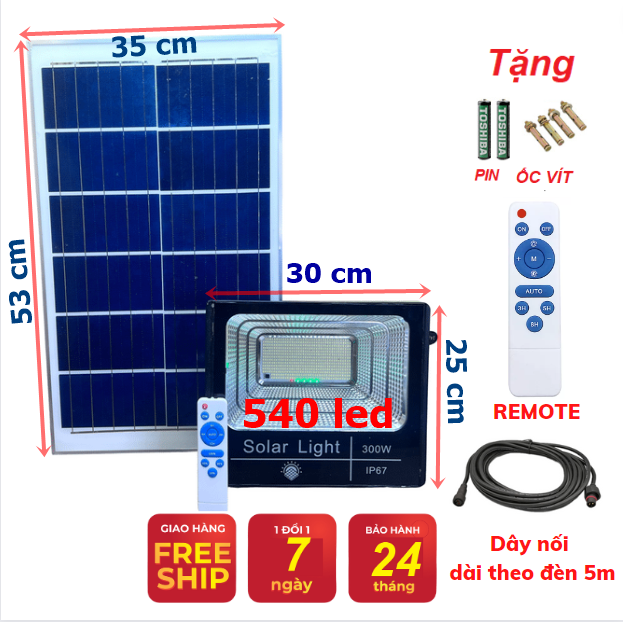 Đèn led Năng Lượng Mặt Trời Đèn Pha Năng Lượng Mặt Trời công suất 300w kèm tấm pin rời có remote có cảm biến tự động dây nối 5m BH 2 Năm Chống nước IP 67