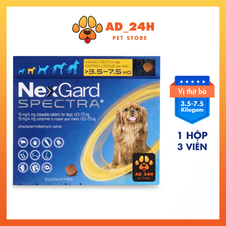Hộp 3 viên NEXGARD SPECTRA - Viên nhai phòng &amp; trị nội ngoại ký sinh (ve rận bọ chét ghẻ Demodex Sarcoptes giun) dành cho Chó_Shop__24H
