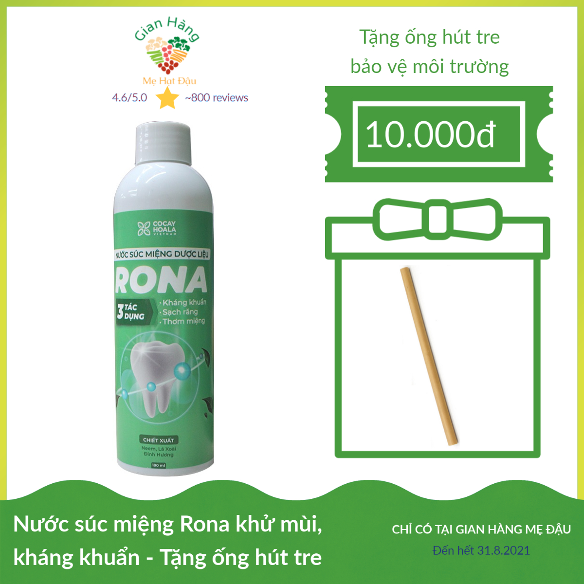 Nước súc miệng dược liệu Rona CoCayHoaLa - Không cồn - Khử mùi - Kháng Khuẩn - Ngăn ngừa vi khuẩn có hại - Mẹ bầu và trẻ nhỏ dùng được chai 150ml - Hàng chính hãng