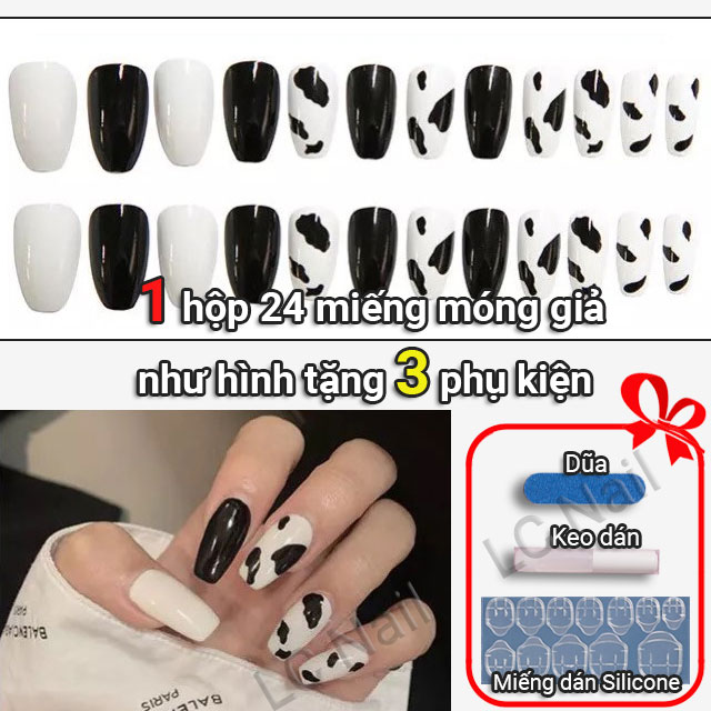 Móng Tay Giả Có Keo Sẵn Lcr129 Bò Sữa Set 24 Móng Dài Nhọn Tặng Dũa+ Miếng Dán Silicone - Lc Nail