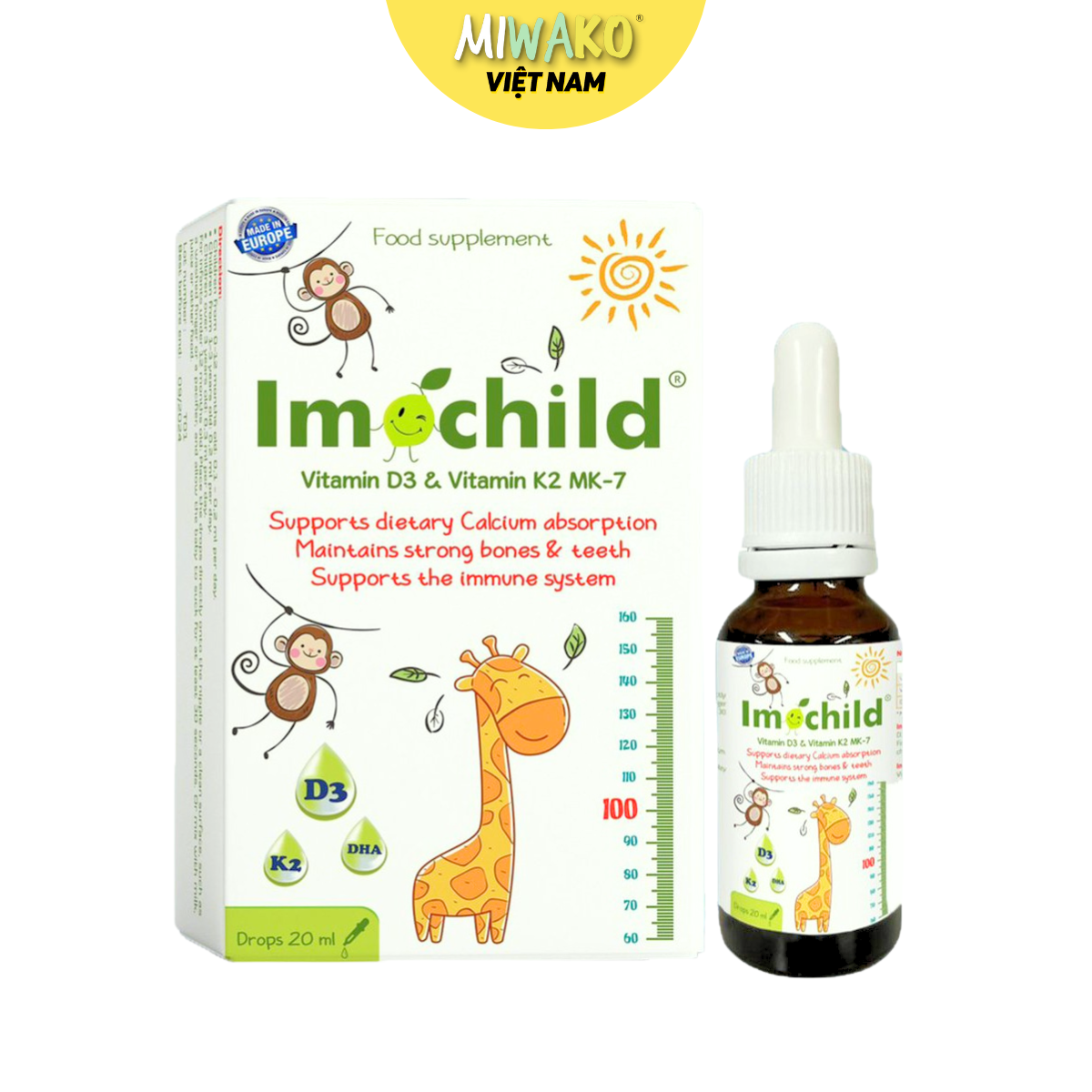 Vitamin D3K2 Imochild có DHA hỗ trợ bé phát triển chiều cao trí não dùng cho trẻ sơ sinh