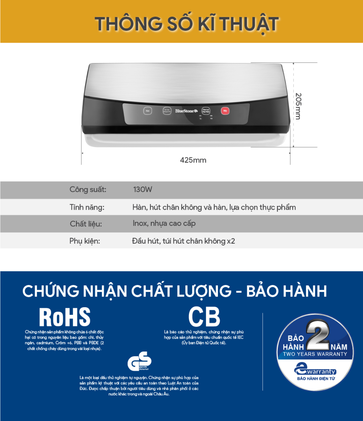 Máy Hút Chân Không BlueStone VSB-2735 - Công suất: 130W Tặng kèm túi - Bảo hành 2 năm - Hàng chính h