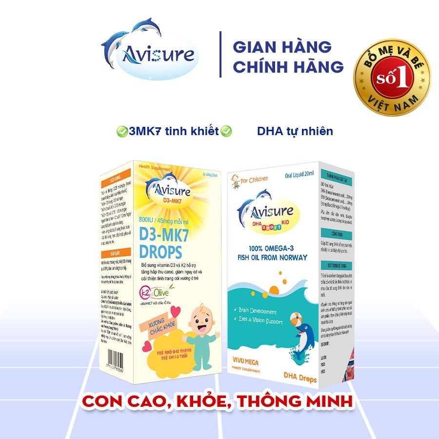 Bộ đôi Avisure D3MK7 và Avisure DHA smart kid cung cấp vitamin D3K2 và DHA cho bé cao lớn thông minh