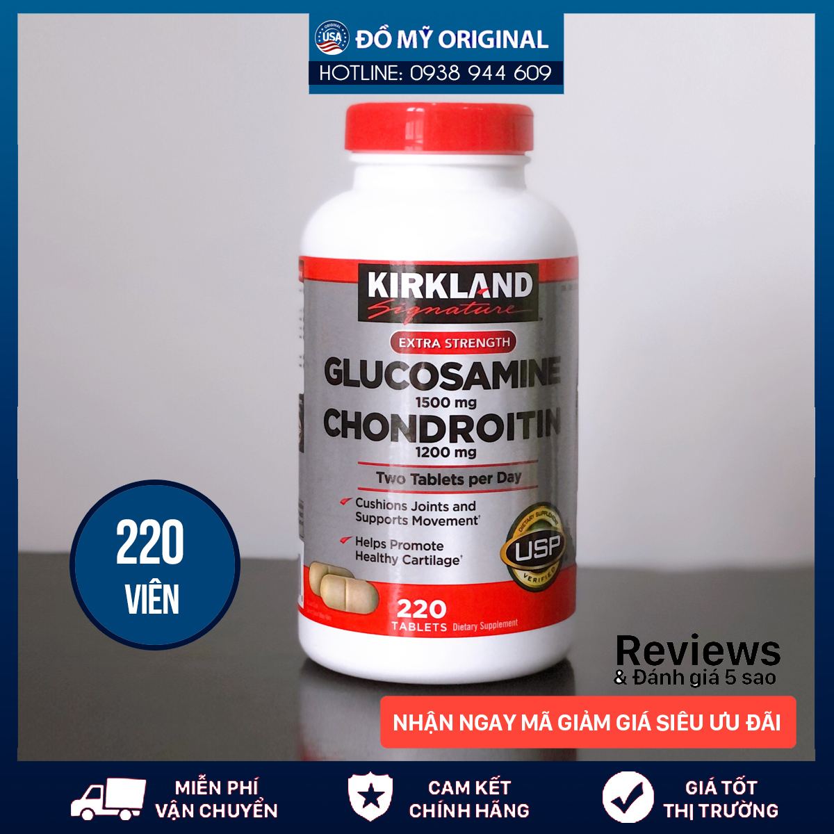 Thực phẩm cho xương khớp Glucosamine 1500mg with Chondroitin 1200mg Hộp 220 Viên Hàng Nhập Mỹ Tăng Cường Sức Khỏe Của Xương Sụn Khớp Hỗ Trợ Viêm Đau Cứng Khớp Ở Người Lớn Tuổi