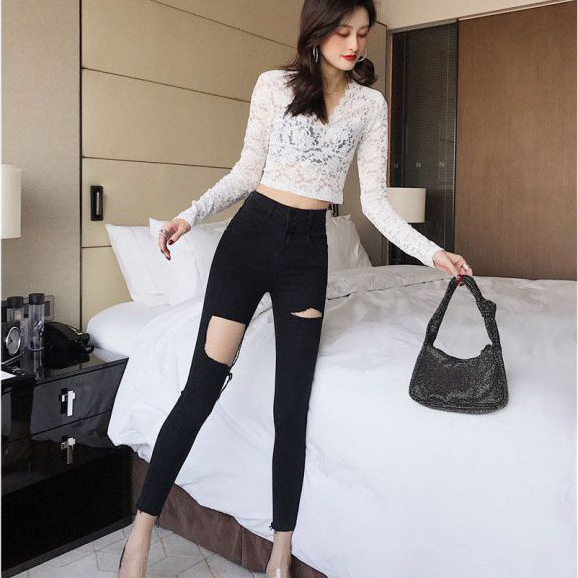 Quần jean nữ CHERRY rách gối co giãn quần bò nữ cạp cao rách gối dáng ôm chất vải đẹp cao cấp T020