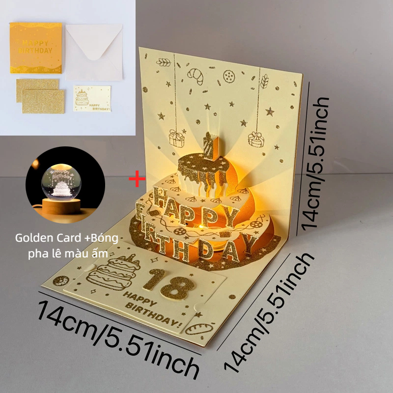 Thẻ sinh nhật 3D bốn lớp bánh với ánh sáng âm nhạc sáng tạo Quà tặng sinh nhật vui vẻ Thẻ SMS kỹ thuật số với phong bì