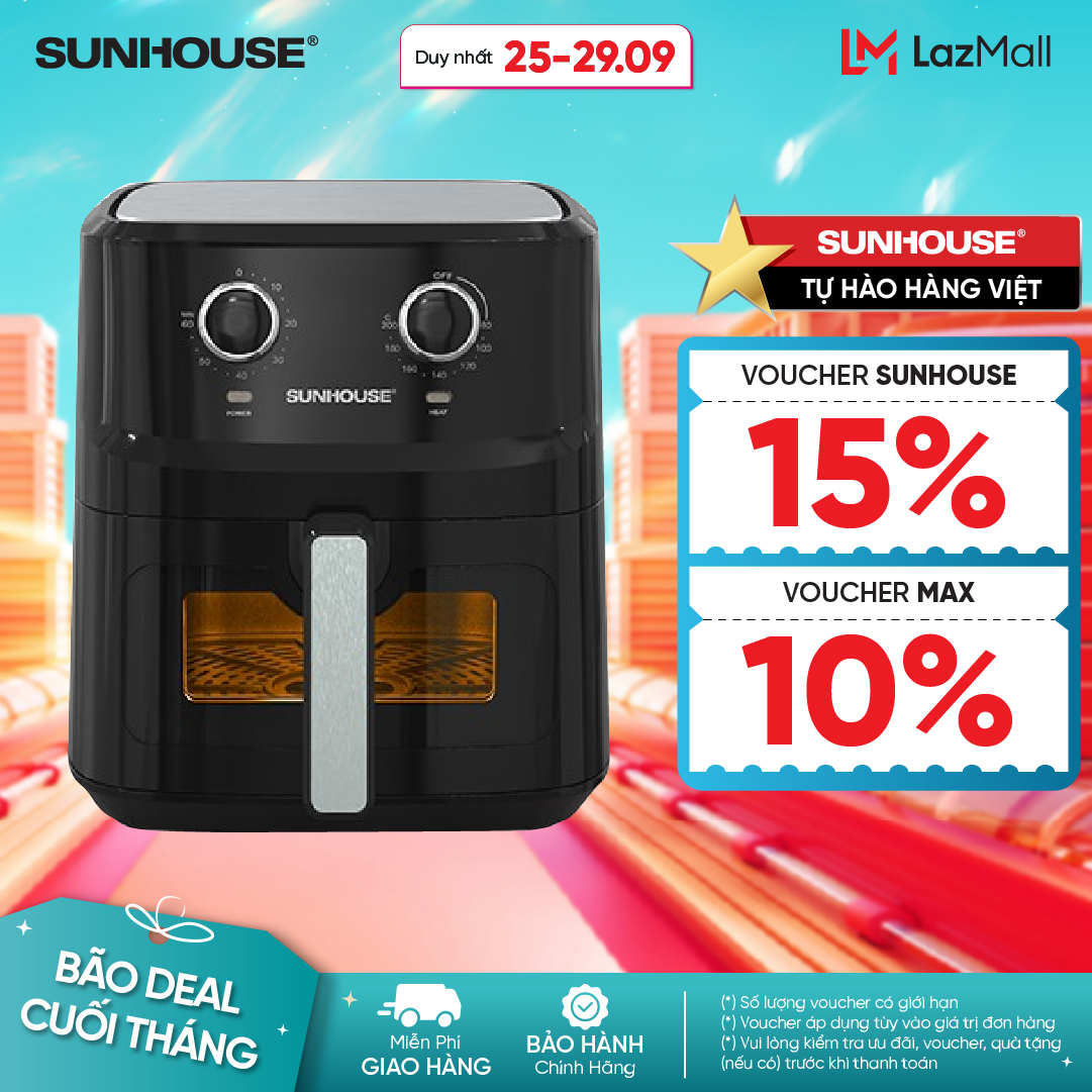 NỒI CHIÊN KHÔNG DẦU 6.5L SUNHOUSE SHD4030 - Công nghệ hiện đại - Tiết kiệm điện - Dung tích lớn - Bả