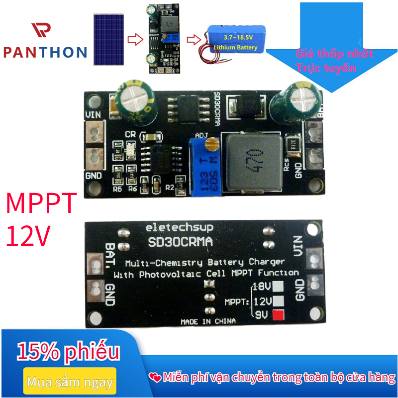 PANTHON mạch sạc pin năng lượng mặt trời bảng điều khiển MPPT 1A Sạc Pin Lipo 9V 12V 18V tấm năng lư