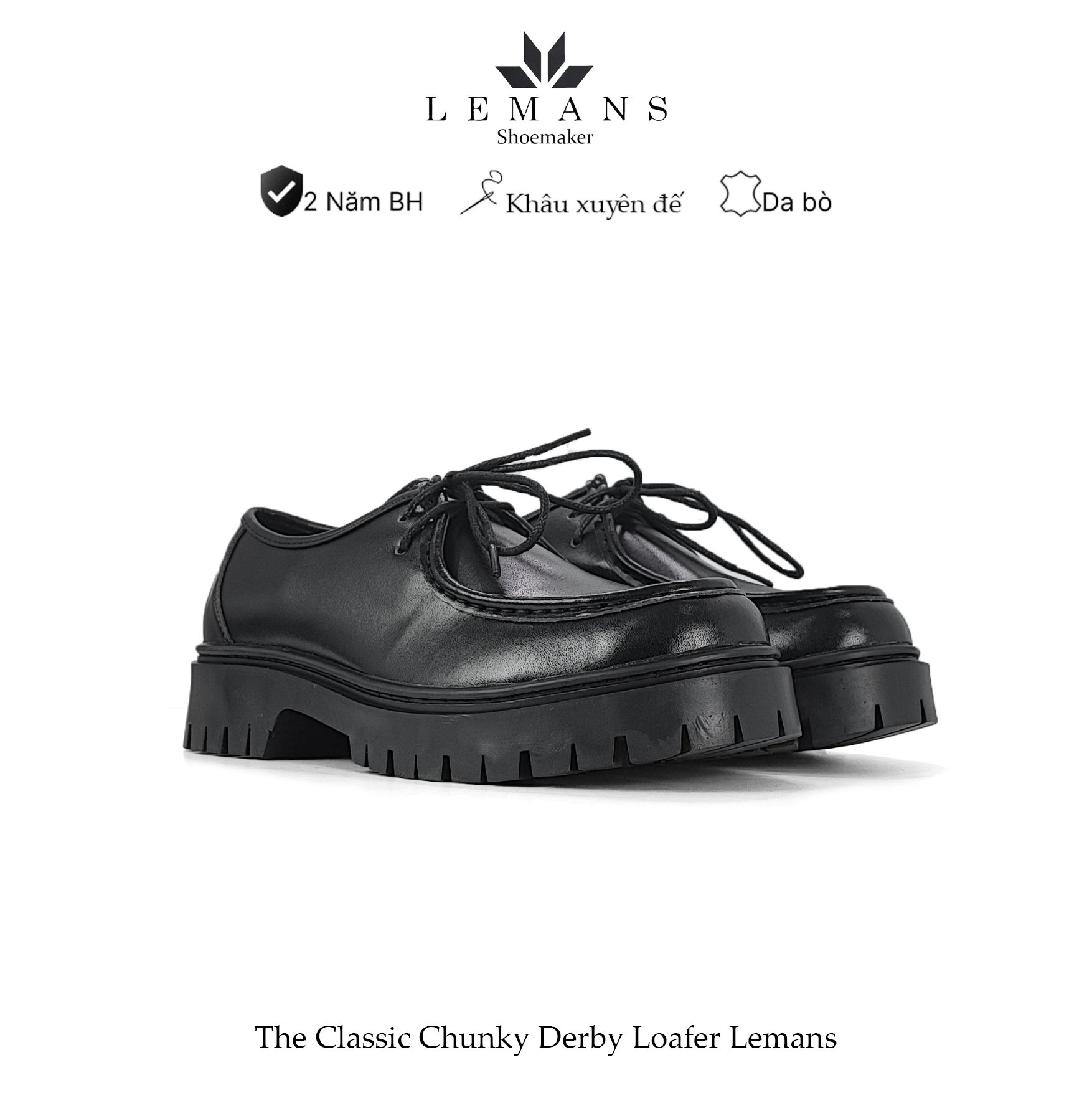 Giày nam da bò cao cấp The Classic Chunky Derby Loafer LeMans Đế Cao Su chunky cao 5cm Bảo hành chín