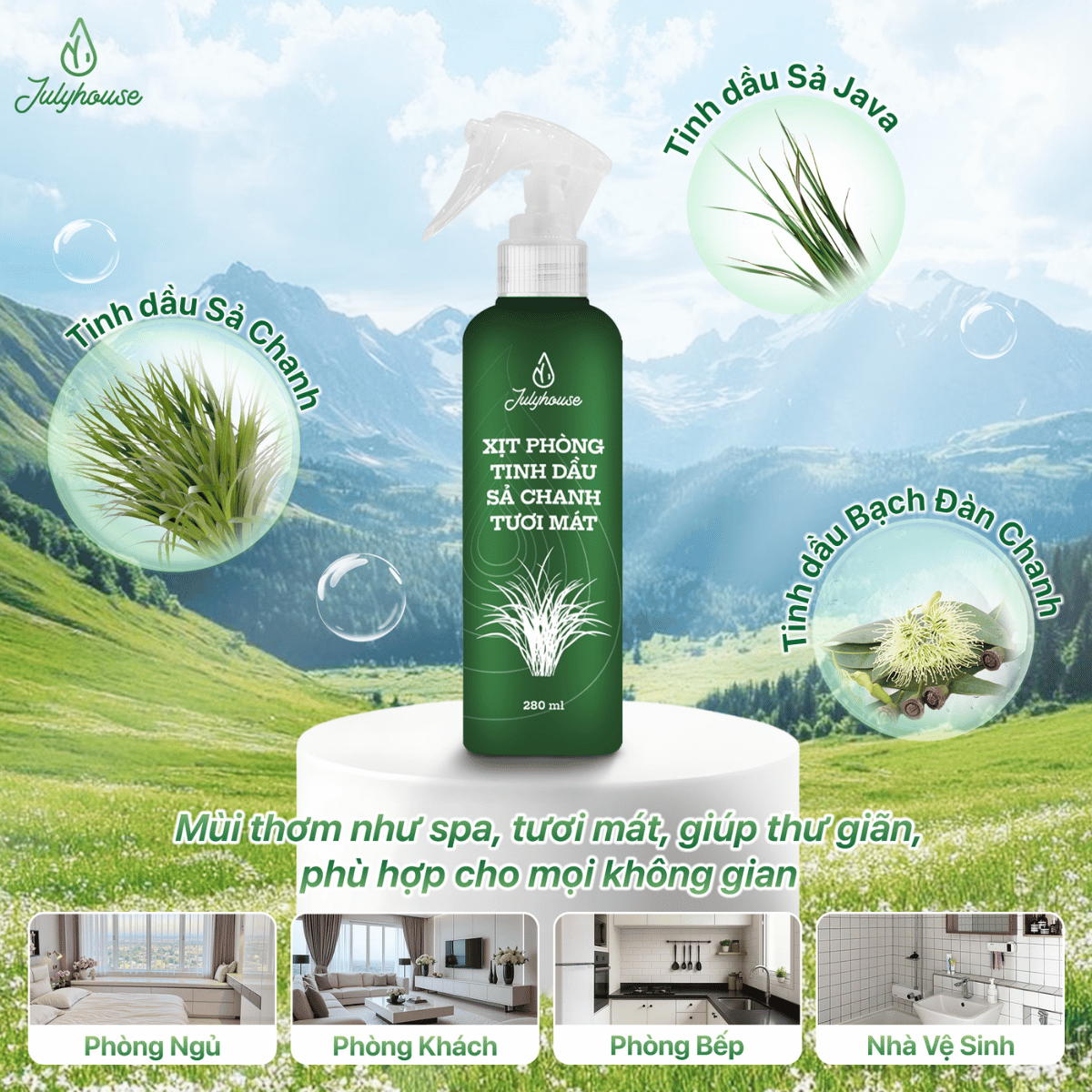 Bình xịt phòng Sả Chanh và Bạc Hà 280ml JULYHOUSE thơm phòng khử mùi hiệu quả