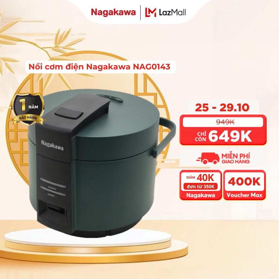 [MUA 2 GIẢM 10%] Nồi cơm Nagakawa NAG0143 (1.8 lít) /NAG0144 (2.2 lít) chống dính teflon vung 2 lớp 