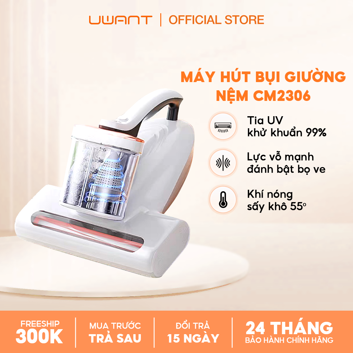 Máy hút bụi giường nệm Uwant CM2306 lực hút 13kPa có tia UV sóng siêu âm diệt bọ ve sấy nóng 3D 65 đ