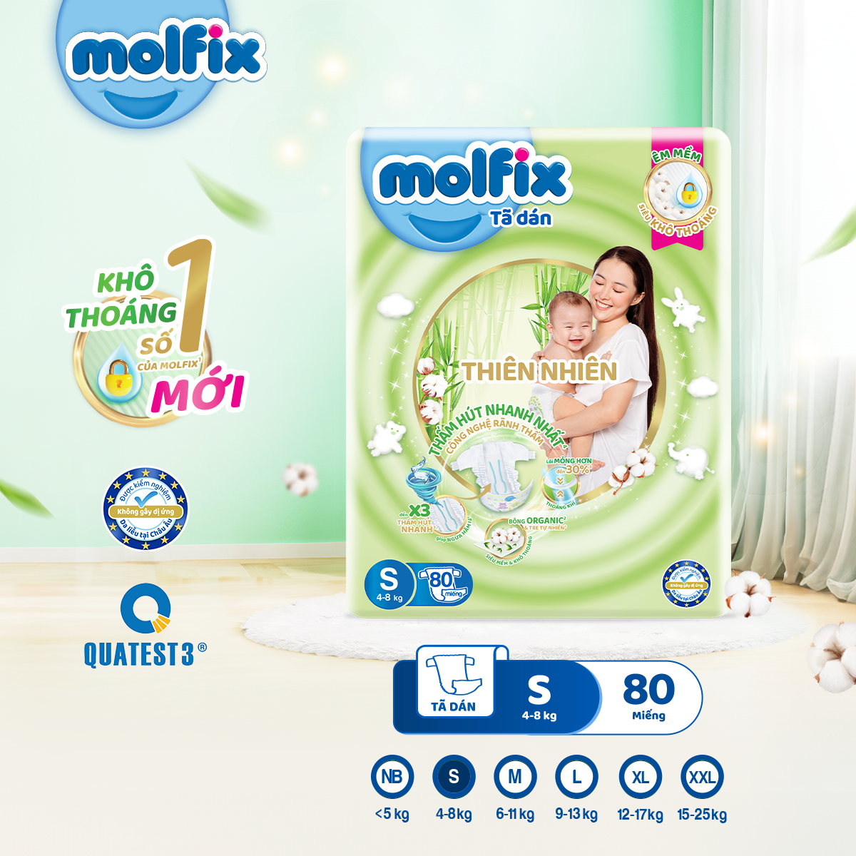 Combo 3 Tã Dán Thiên Nhiên Molfix Natural Super Jumbo S80/ M76/ L68/ XL60