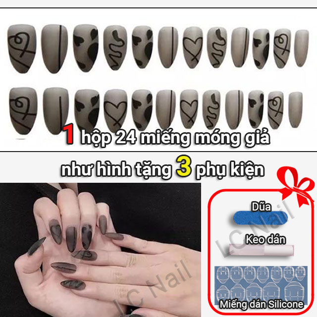 Móng Tay Giả Có Keo Lcr140 - Set 24 Móng Nhọn Màu Đen Họa Tiết Sang Trọng Tặng Phụ Kiện - Lc Nail