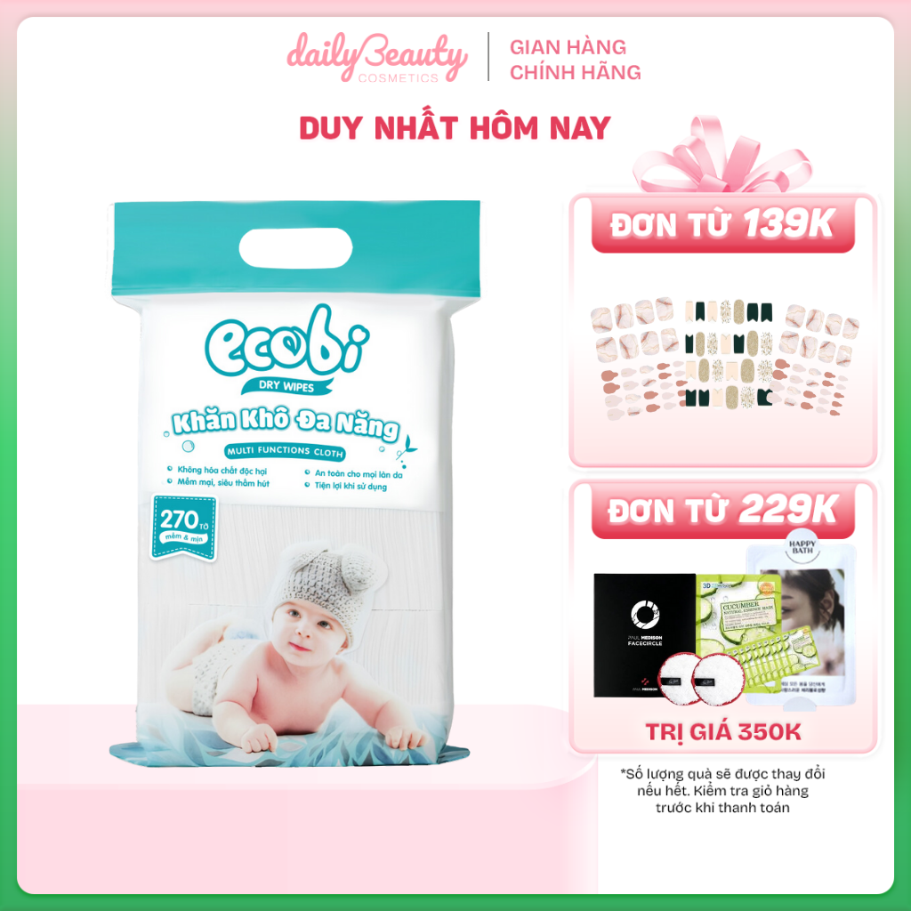 Khăn Khô Đa Năng ECOWIPES Dry Wipes Ecobi 270 Tờ/Gói - Daily Beauty
