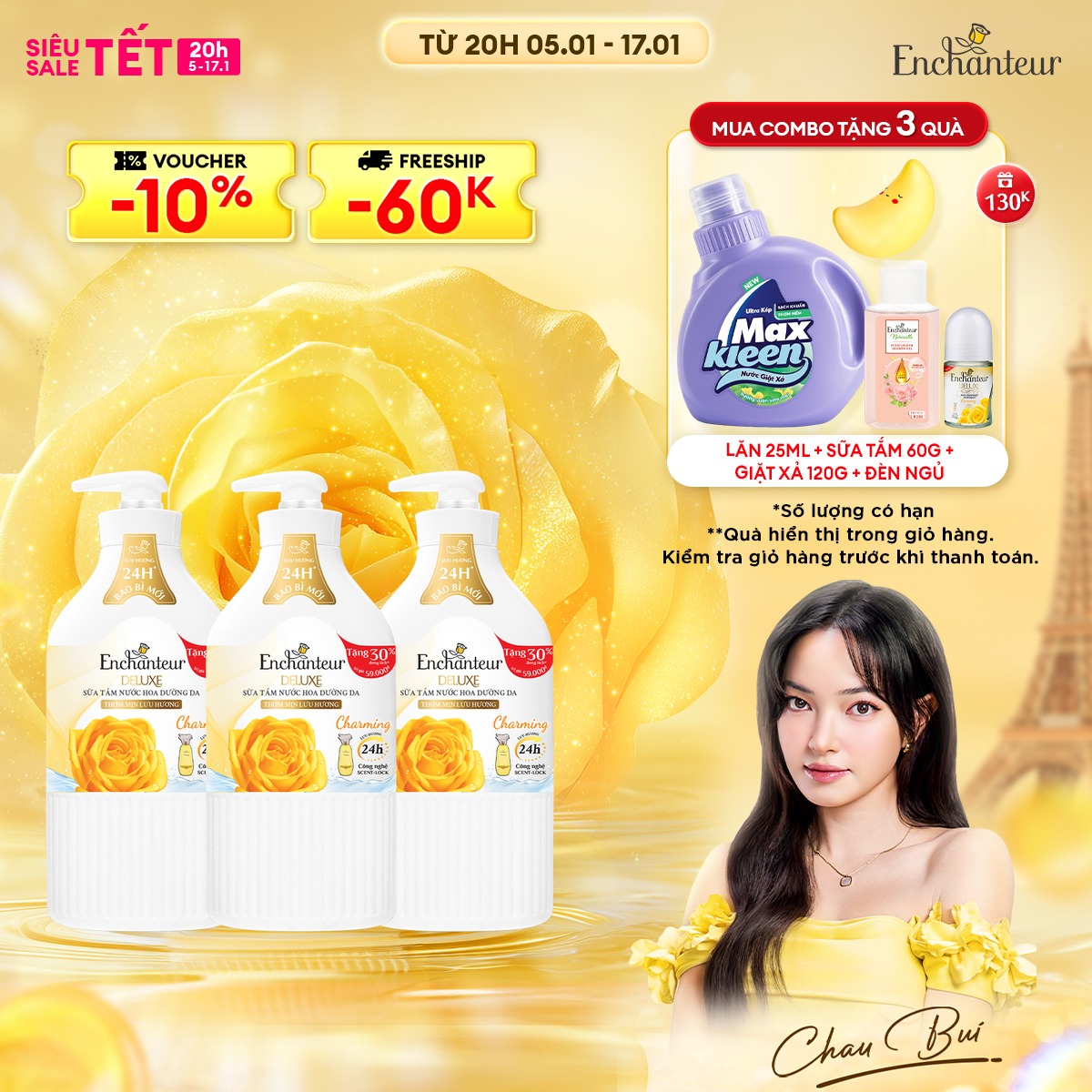 [20h 05.01 TẶNG 4 QUÀ] Combo 3 Sữa tắm hương nước hoa Enchanteur Charming 650gr/Chai