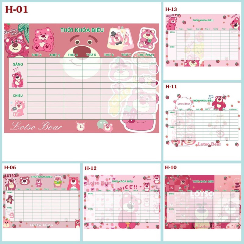 Thời khoá biểu gấu dâu cute 4 tấm khác nhau
