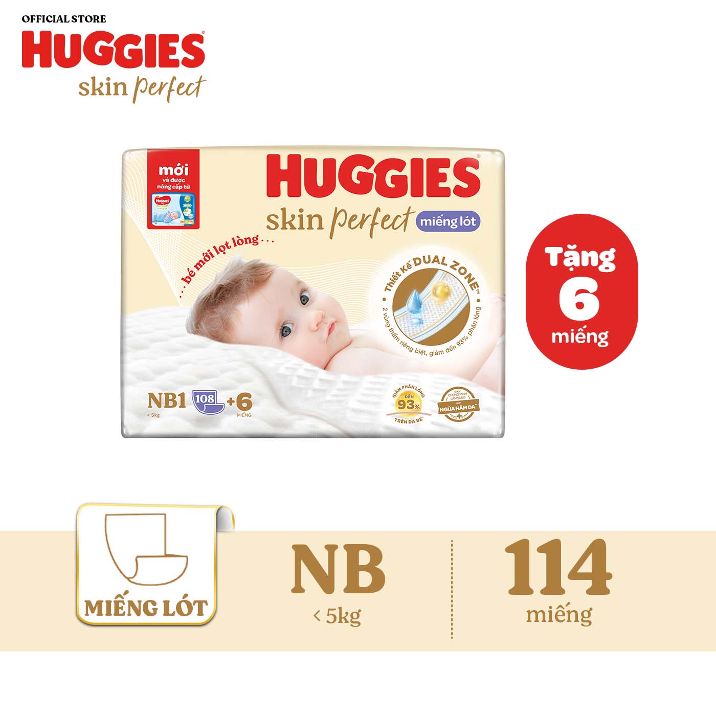 [20h 7-10.8] Miếng lót sơ sinh Huggies Skin Perfect NB1 108+6 miếng với 2 vùng thấm giảm kích ứng da