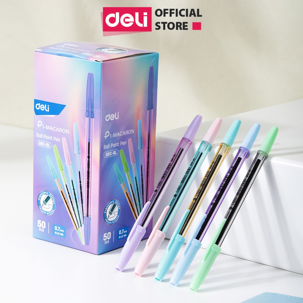 Combo 50 Bút Bi Mực Xanh Ngòi 0.5-0.7mm Nắp Đậy Màu Pastel Deli - Bút bi 0.5mm mực Semi Gel Màu Ngẫu