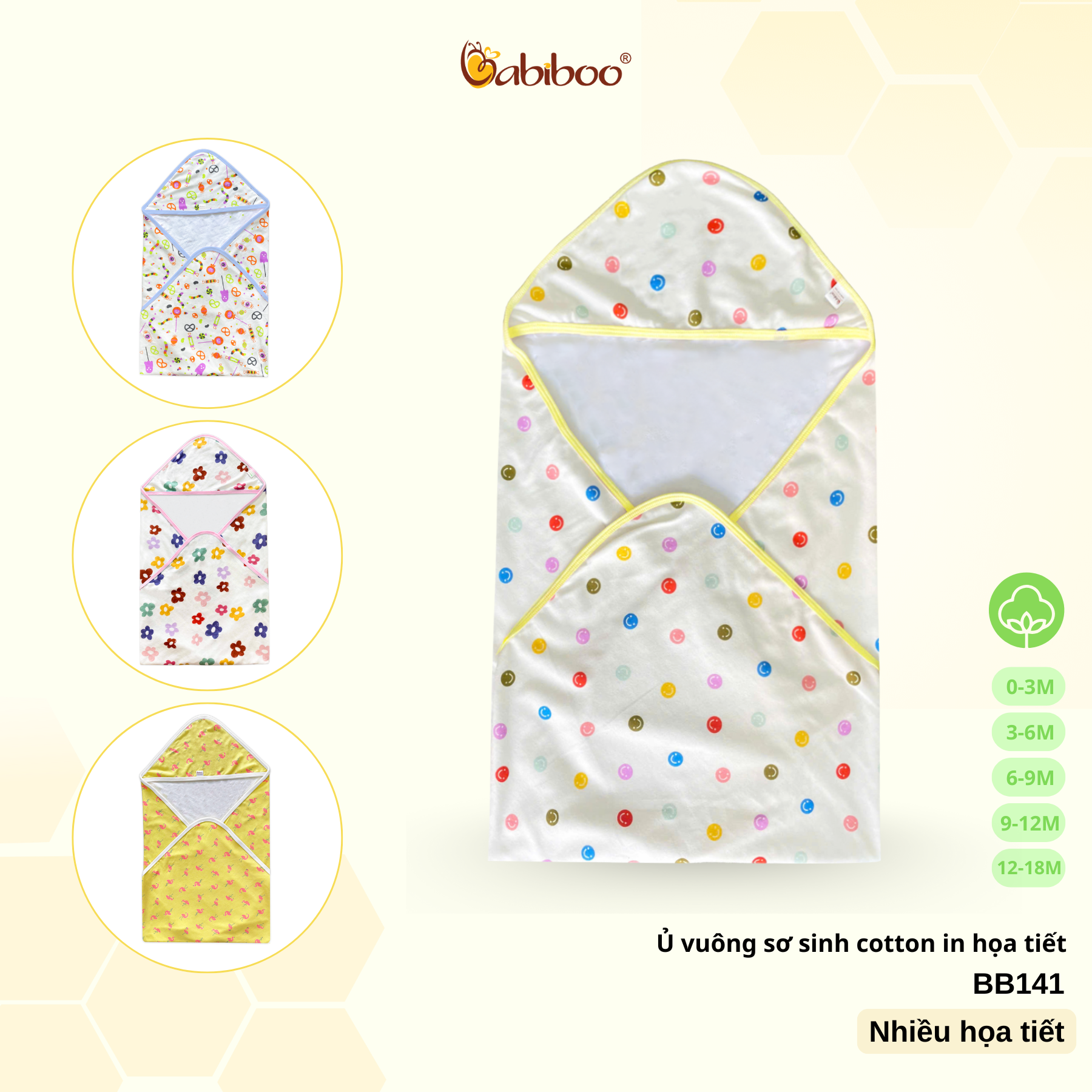 Khăn quấn em bé sơ sinh BABIBOO ủ vuông cho bé vải cotton lớp êm ái ( 80x80cm) BB141