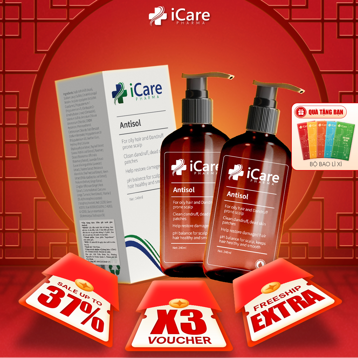 Combo 02 Chai Dầu Gội Hỗ Trợ Gàu Ngứa Da Đầu Antisol iCare Pharma