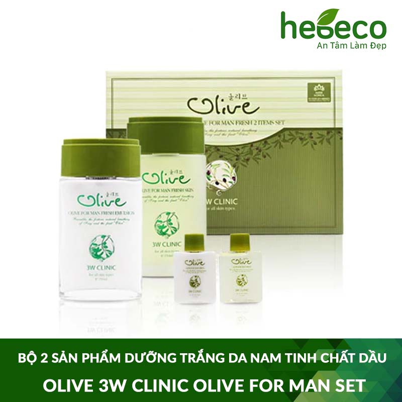 Bộ 2 Sản Phẩm Dưỡng Trắng Da Nam Tinh Chất Dầu Olive 3W Clinic Olive For Man Set - Hàn Quốc