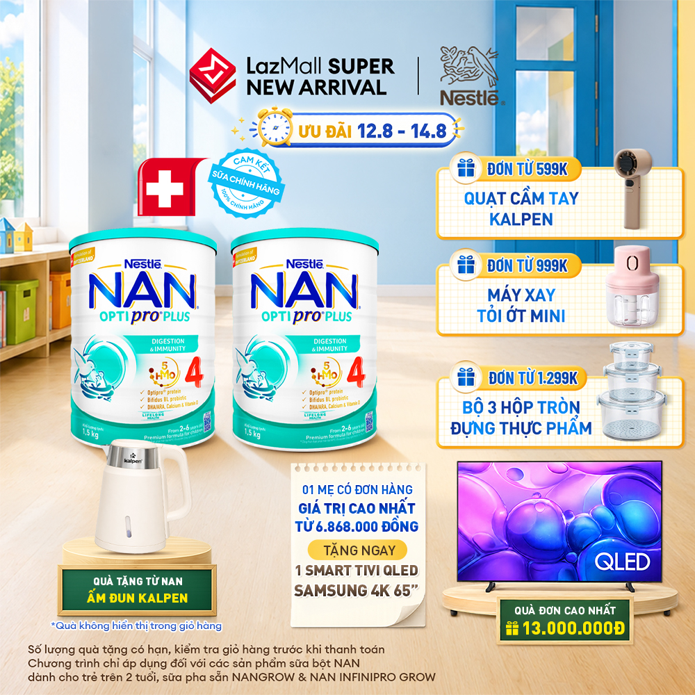 [CHỈ 12-14.08 QT ĐƠN 599K/999K/1299K] [Tặng ấm Kalpen] Combo 2 lon Sữa bột Nestlé NAN OPTIPRO PLUS 4 1500g/lon với 5HMO Giúp tiêu hóa tốt