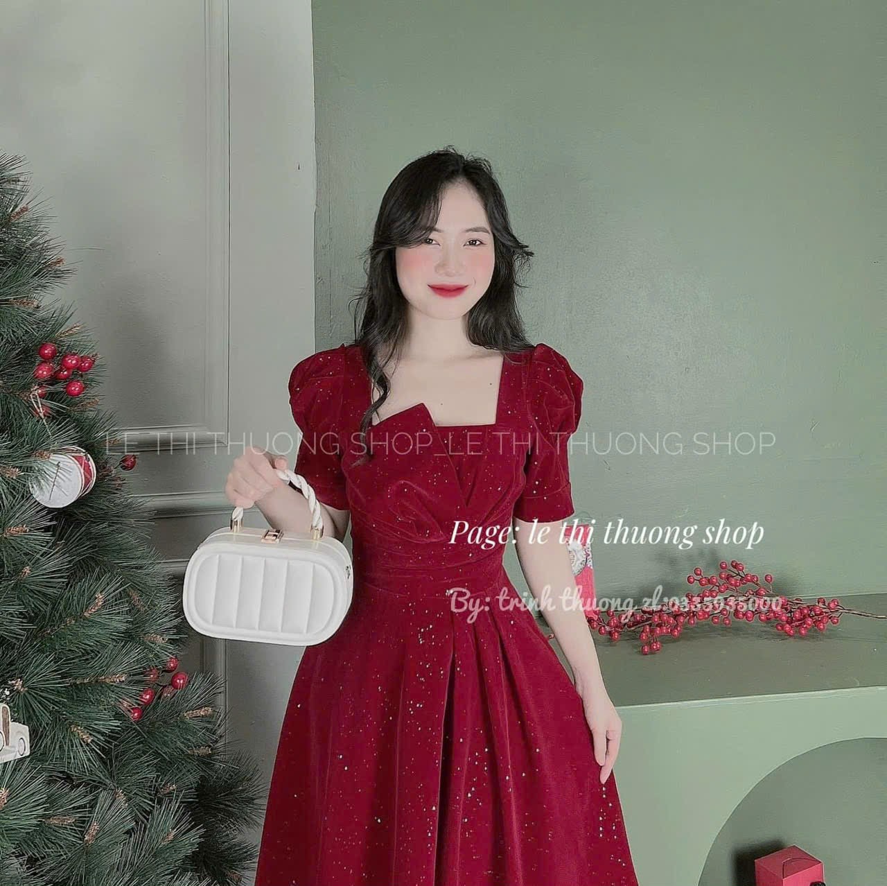 [Free Ship 2024] Đầm váy nữ nhung dáng xòe đỏ tay phồng cổ vuông ngực Đầm nhung đỏ midi tay phồng dáng dài xòe