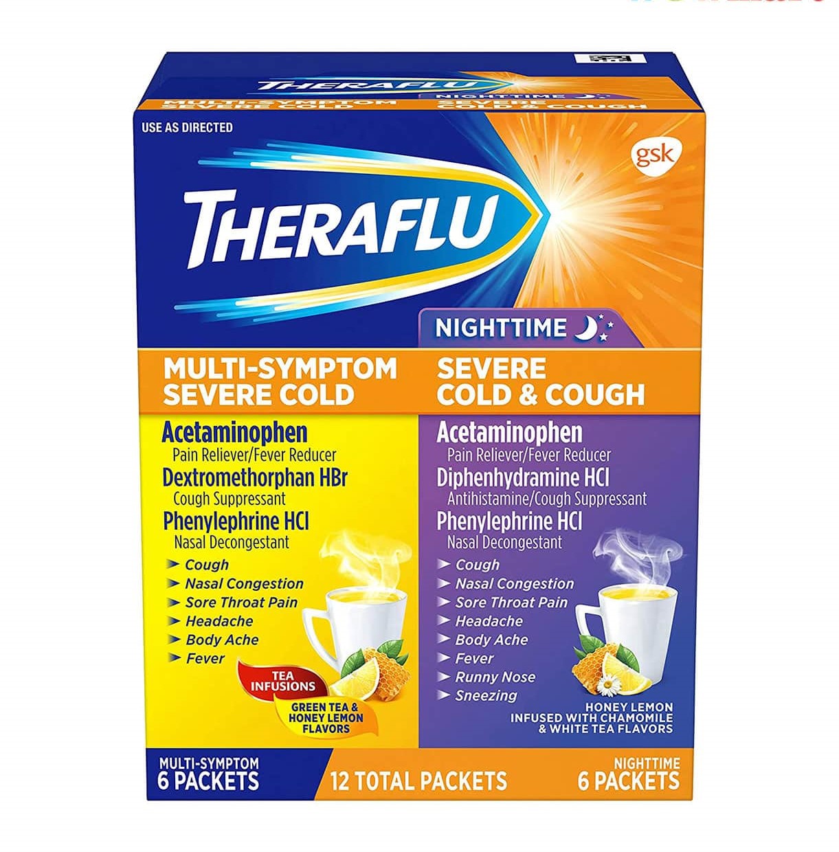 [Hcm]Theraflu Giảm Cảm Lạnh Cảm Cúm Và Ho Theraflu Multi - Symptom + Nighttime Severe Cold & Cough 12 Gói