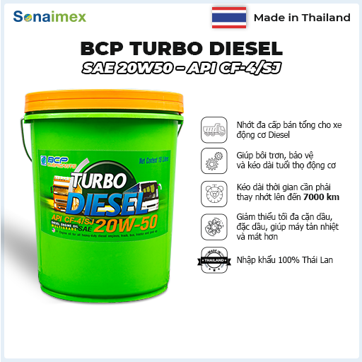 Nhớt động cơ dầu Diesel BCP Thái Lan TURBO DIESEL CF4/SJ SAE 20W50 - Xô 18L Nhập Khẩu Thái Lan 100%