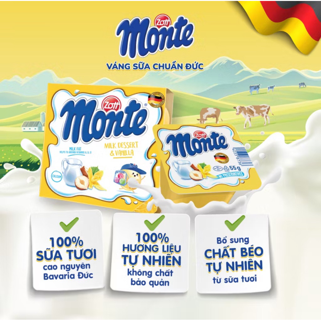 Váng sữa Zott Monte nhập khẩu từ Đức ( vỉ 55g x 4 hủ ) từ sữa tươi KHÔNG chất bảo quản