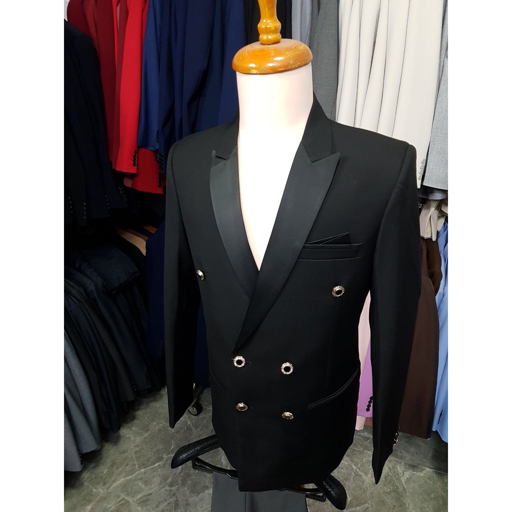 Áo vest nam màu đen kiểu 6 nút ve phi đen form ôm body
