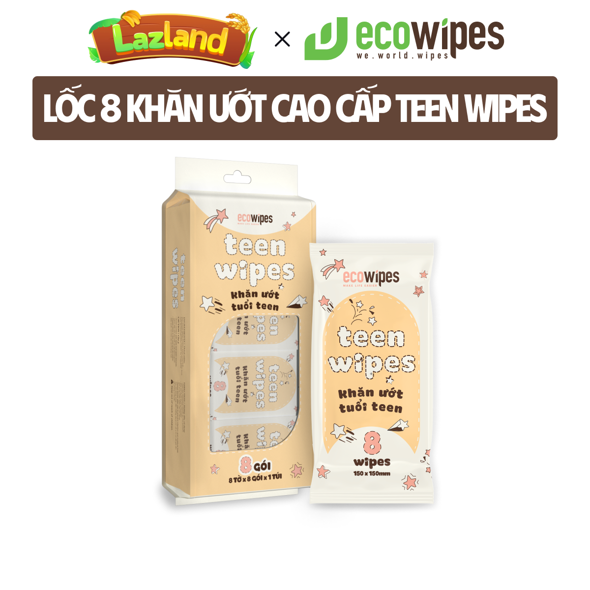 [QUÀ TẶNG KHÔNG BÁN_CHỈ CÓ TẠI LAZLAND] Lốc 08 gói khăn giấy ướt mini size EcoWipes gói 8 tờ không mùi