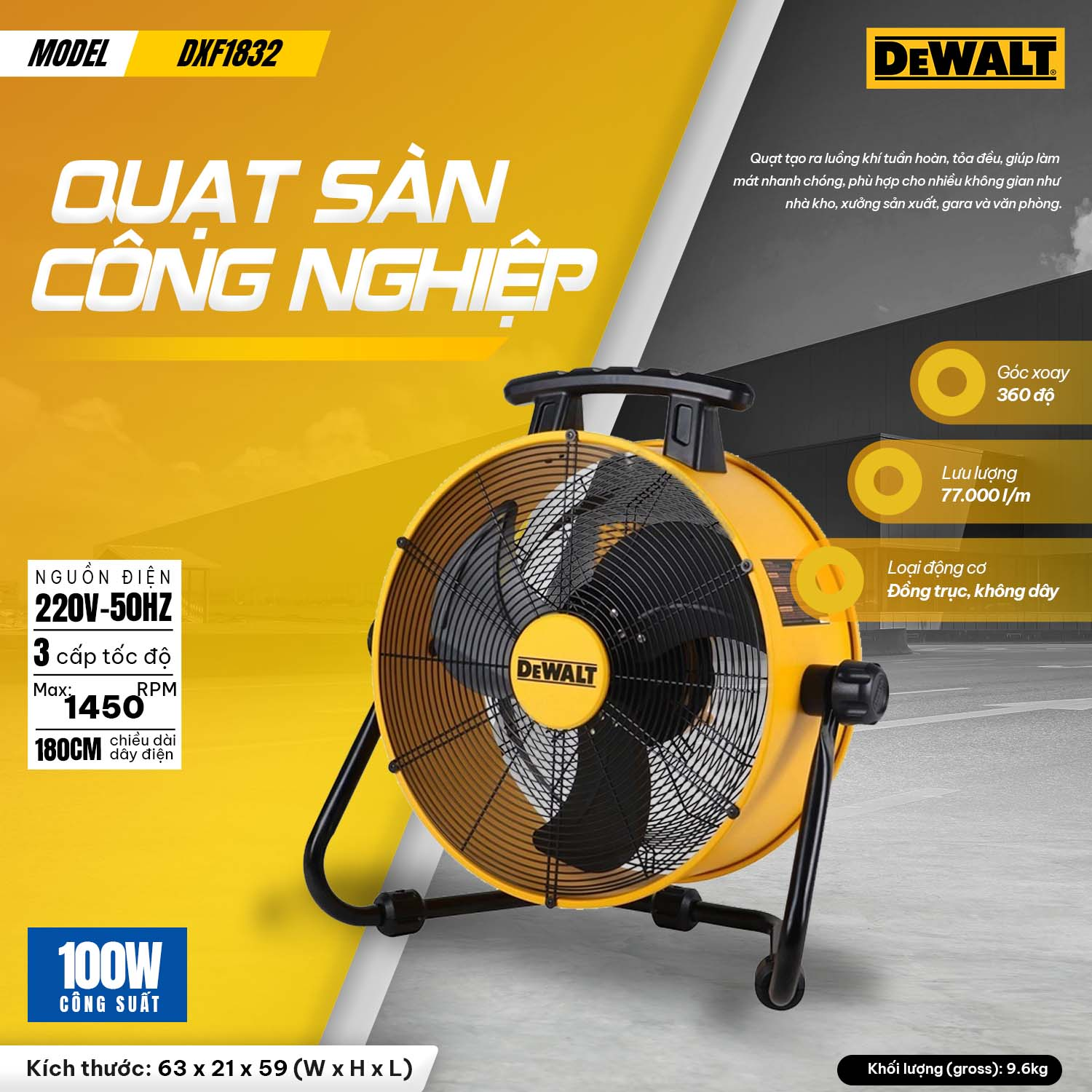 DeWalt DXF1832 Quạt Sàn Công Nghiệp 18 Inch