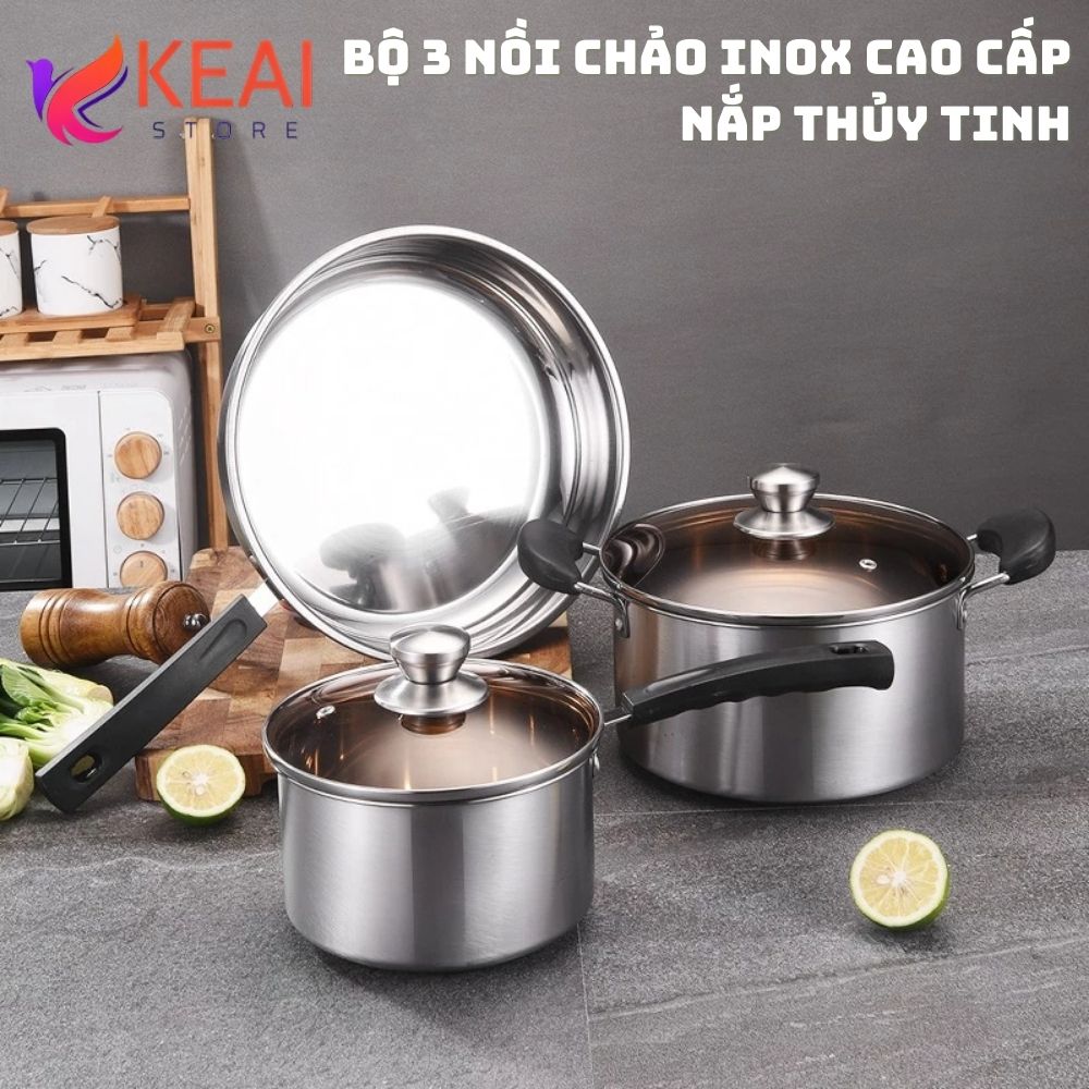Bộ 3 Nồi Chảo Inox Cao Cấp Bộ 2 Nồi Có Nắp Thủy Tinh Tiện Lợi Kèm 1 Chảo Chống Dính Dùng Được Mọi Lo