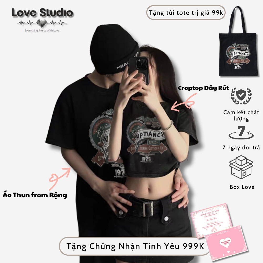 Set Đồ Đôi nam nữ cùng người yêu mùa hè áo thun croptop baby tee dây rút màu đen A032 tặng kèm túi t