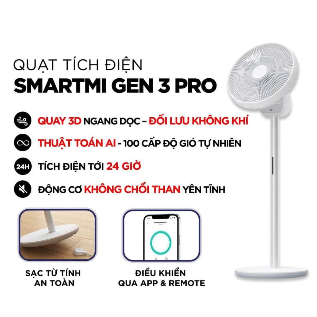 Quạt đứng tích điện đối lưu thông minh Xiaomi Gen 3 Pro đông cơ DC Kết nối App Pin đến 24 giờ