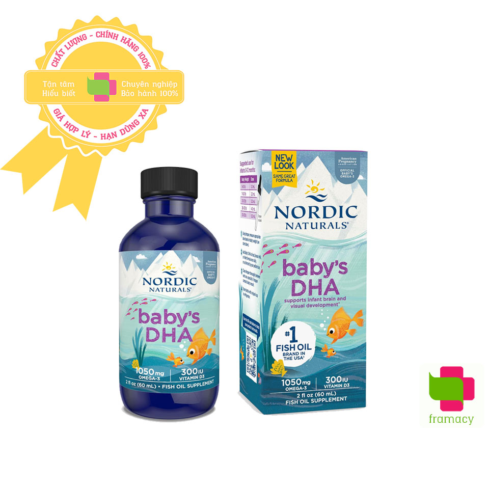 DHA dạng giọt kèm vitamin D3 Nordic Naturals Babys DHA Mỹ (60ml) hỗ trợ bổ sung omega 3 vitamin D cho bé từ sơ sinh